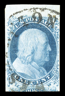 7, 1c Blue, Ty. II, position 5R2, full to huge margins around including a large sheet margin at top and a portion of the adjoining stamp at bottom, lovely bright color, light
c.d.s. town cancel, extremely fine 1978 PF certificate.