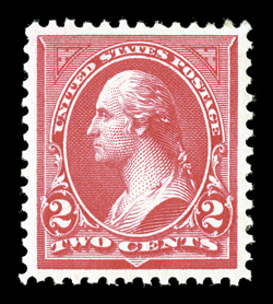 266, 2c Carmine, Ty. II, precisely centered within large margins, bright fresh color, o.g., lightly hinged, extremely fine gem 2008 PSE certificate (Superb 98 OGph SMQ $290.00)
this is the only hinged 98, with just one grading higher (100).