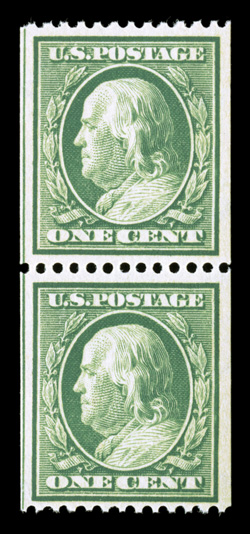 348, 1c Green coil, perf. 12 horiz., mint pair, well centered and margined, especially the top stamp, bright and fresh, o.g., never hinged, very fine-extremely fine 1991 PF
certificate.