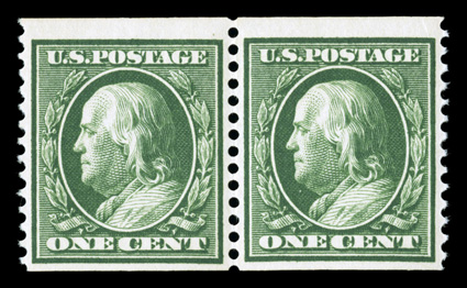 352, 1c Green coil, perf. 12 vert., pair with 2mm spacing, strong rich color, o.g., never hinged, very fine 1979 PF certificate for a strip of four, this being the left
pair.
