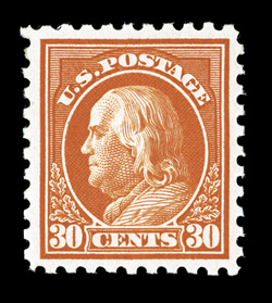 439, 30c Orange red, very well centered within large margins, deep vibrant color and a well incised impression, pristine o.g., never hinged, extremely fine 1987 and 2001 PF
certificates.