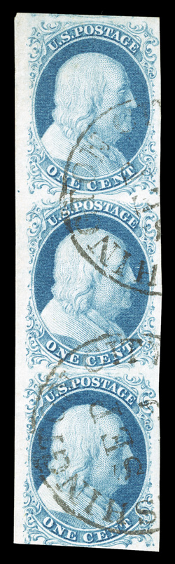 7-8A-7, 1c Blue, combination Ty.II-IIIa-II, vertical strip of three, positions 415161R1E, an extremely choice and eye-appealing strip, featuring large to very large margins on
three sides (including partial sheet margin at left and trace of ad