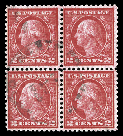 546, 2c Carmine rose coil waste, Ty. III, perf. 11, scarce used block of four, dazzling color that is incredibly deep and fiery, uncharacteristically well centered and margined
for a coil waste block, light c.d.s. cancel, very fine.