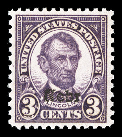 672, 3c Nebr. ovpt., gem mint single that is remarkably well centered and margined, deep luxuriant color as well, pristine o.g., never hinged, extremely fine 2009 PSE
certificate (Superb 98 SMQ $800.00).