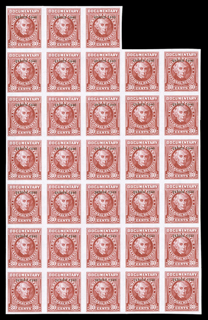 R299a, 80c Carmine with Series 1940 overprint, imperforate, without gum as issued, irregular block of 33, large margins all around, bright and fresh, small scissor cut between
positions 3 and 6, shallow thin in position 13, very fine an unusu