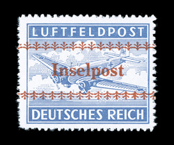 Michel 7B, 1944 Inselpost horizontal red overprint on Gray blue air feldpost stamp, rouletted, exceedingly fresh, with bright color, well centered, slightly irregular
separation at left but perforations much more intact than usual, o.g., never