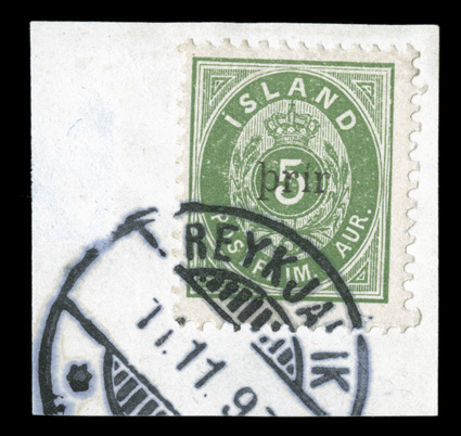 33, 1897 3a on 5a Green, large prir surcharge, fresh used example tied to piece by Reykjavik c.d.s. dated 11.11.97, bright color and paper, very fine and scarce 1970 Nielsen
certificate (Facit 37 SK6,500).