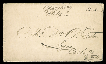 Wyoming, Nebraska Territory, manuscript July 2 postmark and Paid 3 on 1864 cover with original letter to Logan, Utah, slightly reduced at right and tear at bottom right,
fine.The following extract is by Wm. B. Preston, captain of a wagon train,