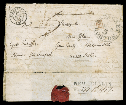 New Glarus, Wisconsin, two-line straightline handstamp with manuscript 24 9 1851 date applied as a receiving backstamp to folded letter with integral address leaf from
Strasbourg, France with their 16 August origin datestamp, endorsed Steamer
