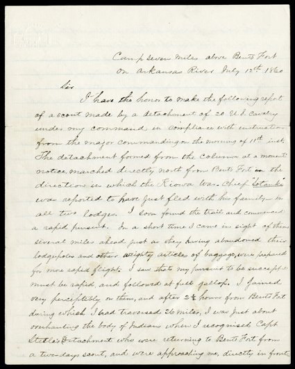 [JEB Stuart chases Kiowas] Stuart, J.E.B. The future Confederate cavalryman reports a scouting mission in July 1860. Autograph Letter Signed J.E.B. Stuart  1st Lt. 1st Cav.
Comdg detachment, 3 pages, 4to, Camp seven miles above Bents For