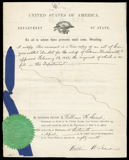 [Exceptional balance lot of miscellany concerning the Civil War] Includes: a DS by William H . Seward as Secretary of State, approving a copy of an act for the relief of
Solomon Wadsworth, April 13, 1865 (a day before he was brutally attacked)