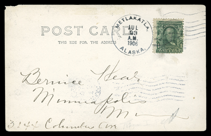 Metlakatla, AlaskaJul 23, 1908, bold datestamp on real photo picture post card of Indian village with totem poles with 1c Green (300, faulty), also blue double circle Sitka,
AlaskaJuly 24, 1906 Ty. VII postmark on real photo picture post car