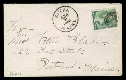 Sitka, AlaskaAug 8, 1889, clear datestamp on cover to Portland, Maine with 2c Green (213) tied by target cancel, Portland, Oregon transit and Portland, Maine receiving
backstamps, very fine.