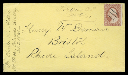 [Fort Wise, Colorado Territory] yellow cover with manuscript Fort Wise C.T.Oct 661 Colorado Territory postmark with 3c Dull red (26) to Bristol, R.I., fresh and extremely fine
the earliest recorded postmark from Fort Wise ex-Haas, Ja