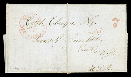 [Whalers letter, 1847] writing home to his parents at Cohassett, Mass. Datelined Ship Janus Lahaina and given to the whaling ship A. Howland a few days after it was written and
carried back to the United States, entered the mails with re
