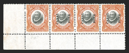 56d, 2c Orange vermilion and black, horizontal pair, left stamp without overprint, bottom left corner margin strip of four, the left stamp lacking the overprint, lovely bright
colors, o.g., lightly hinged, fine-very fine only twenty such erro