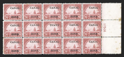92a, 20c Carmine rose, Canal inverted, the error being the middle stamp in an unused right margin plate no. 17531 block of fifteen (position 48 on the sheet), strong color, a
few hinge reinforcements of separated perfs. some mild toning in the