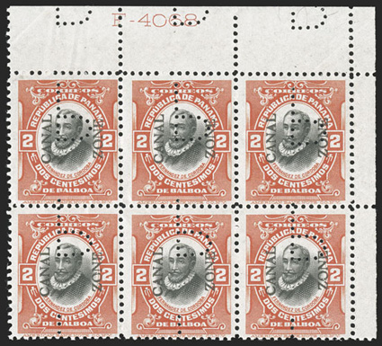 39 var., 2c Vermilion and black, with P perfin, top right corner margin block of six, with inverted P on all stamps and in the top margin as well, vibrant colors, o.g.,
natural gum bends, fine a scarce multiple (CZSG 39.PP).