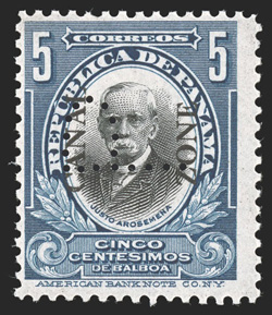 48 var., 5c Deep blue and black, with P perfin, unused single with sideways P, strong colors, fine and a particularly scarce stamp to find with the perfin (CZSG
48.PP).