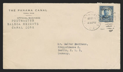 74 var., 5c Dark blue, with P perfin, single with reversed P tied by Balboa Heights Apr 15, 1925 duplex on cover to Germany, cover with minor bend at bottom right, otherwise
quite fresh and very fine (CZSG 74.PP).