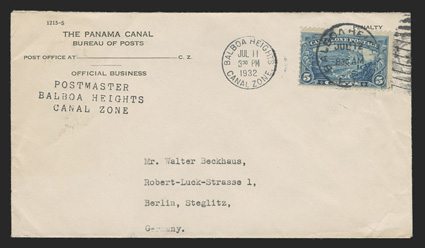 107 var., 5c Blue, with P perfin, single with inverted P tied by Balboa Heights July 12 duplex on a penalty cover to Germany, with additional Balboa Height c.d.s of July 11,
so apparently this was sent out without postage and returned th