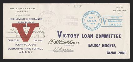Loan Committee covers, two legal size covers, one is on Oct. 18, 1918 First Flight cover with Liberty Loan Committee pre-printed address, other is May 7, 1919 First Submarine
Mail cover with Victory Loan Committee pre-printed address, the lot als