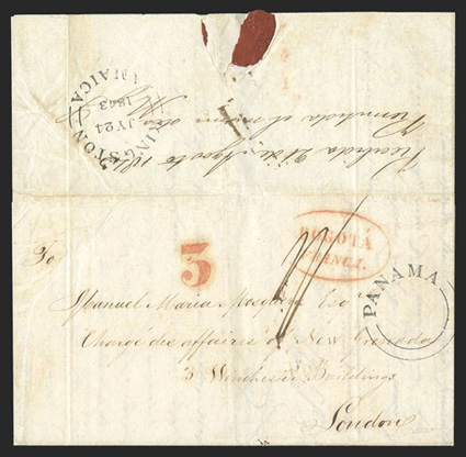 Bogota, Columbia to London, folded letter datelined 30 June, 1843 with British Post Office Panama double arc undated circular postmark, red oval BogotaFranco postmark and
matching 3 centavos internal rate handstamp, manuscript 1- single