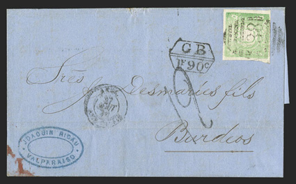 Callao, Peru to Bordeaux and New York, two covers with Peruvian franking tied by B.P.O. C38 barred oval cancels, first to Bordeaux originating in Valparaiso and franked with
Peru 1868 1d Green (14), with B.P.O. CallaoJy 27, 70 and red Londo