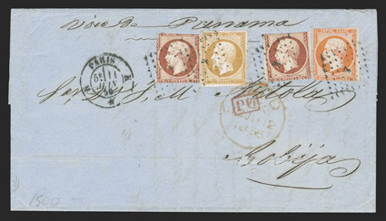 Paris to Cobija, Bolivia, folded letter with Voie de Panama directive franked by 1853 10c Bister (14), 40c Orange (18) and two 80c Lake (19, margins cutting in) tied by dotted
diamond cancels, Paris11 Juin, 56 datestamp and red boxed P.D