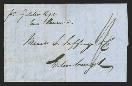 Melbourne, Victoria to Edinburgh, folded letter with pr Golden Age via Panama directive carried outside of the mails and delivered to a forwarding agent in Panama, with oval
Forwarded byCampbell, Jones & Co.Panama cachet on reverse, ent