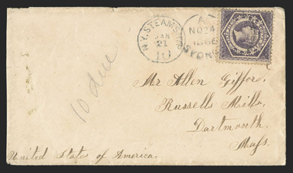 Sydney to United States, two covers to Massachusetts franked by 1860 6d Violet (40), first tied by SydneyNo 24, 1866N.S.W. duplex and carried on board the S.S. Rakaia
departing 2nd December, arriving with N.Y. Steamship10Jan 21 entry