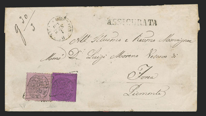 23, 25, 1868 20c Black on deep crimson, 80c Black on rose lilac, single of each tied by diamond grid cancels on 1869 cover to Ivrea, Rome c.d.s., ASSICURATA straight line
handstamp, several backstamps, backflap with tears, fine a rare frankin