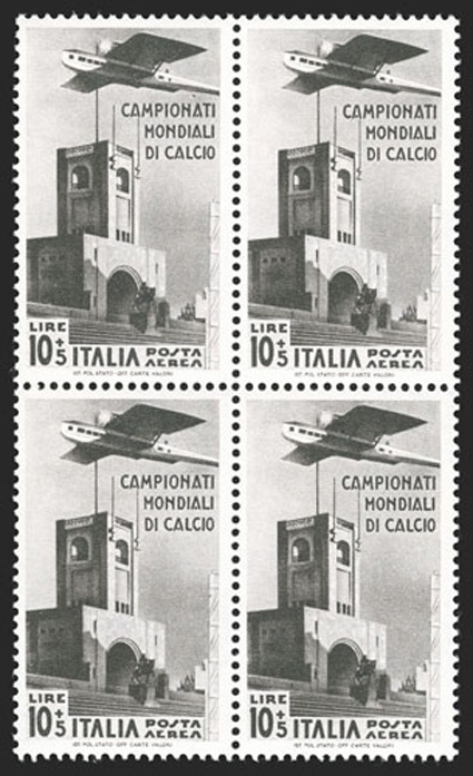 324-328, C62-65, 1934 20c-10L+5L 2nd World soccer championship cplt., post office fresh mint blocks of four, o.g., n.h., fine-very fine set.