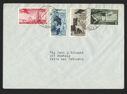 C62-65, 1934 50c-10L+5L 2nd World soccer championship, complete set tied by two clear Roma 18, Via della Stamperi24.5.34 first day of issue postmark to cover to the Vatican
with their arrival backstamp the next day, fresh and extremely fi