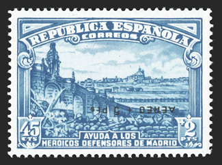 CB6d var., 1938 45c + 2P Defenders of Madrid surcharged Aero + 5Pts. inverted, single taken from the souvenir sheet, fresh and well centered, o.g., l.h., very fine and rare
signed Bloch.