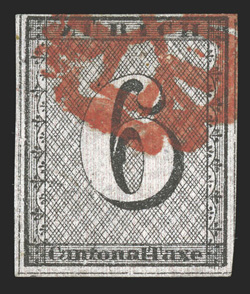 1L2, 1843 6r Black Zurich cantonal, vertical red lines, Type I, four full to mostly large margins, fresh color with clear vertical red lines, bold red rosette cancel, small
natural inclusion at top, ms. ink mark on back does not show through, ve