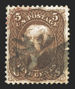 95, 5c Brown, F grill, wonderfully well centered within margins generous enough to allow the perforations to clear the design all around, an uncommon feature on this tightly
margined value, with deep rich color in a pretty shade and a detailed