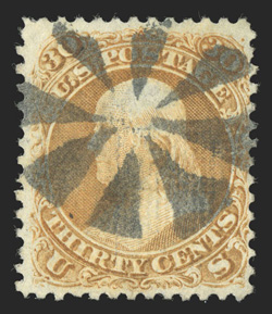 100, 30c Orange, F grill, used, better centering and larger margins than usually found, strong color, neat circle of wedges cancel, very fine 1991 PF
certificate.