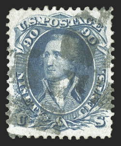 101, 90c Blue, F grill, a marvelously choice used example of this scarce high value, being especially well centered within much larger margins than typically encountered,
lovely rich color and a clean impression, segmented cork cancel, extreme