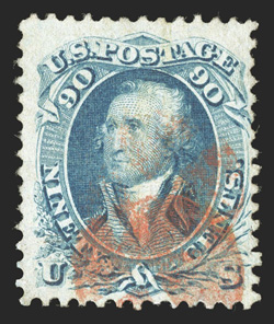 101, 90c Blue, F grill, a rather attractive used copy of this scarce high value, fresh color, large margins, bright red cork cancel, very fine 1987 PF
certificate.