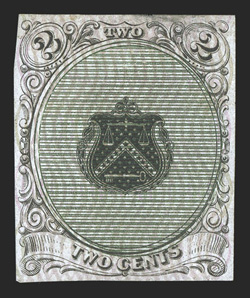 113-E1b, George T. Jones 2c Black on pale red violet wavy lines and blue green lined vignette, die essay on India paper cut to stamp size, margins all around, vivid rich
colors, small thin at top, otherwise very fine and rare an unusual essay i