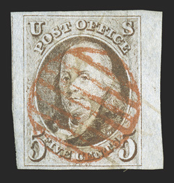 1, 5c Red brown, handsome right sheet-margin used single, with large to huge margins on the other three sides, including the frame line from the adjacent stamp at left, fresh
color on clean paper, light ms. and red circular grid cancels, extreme