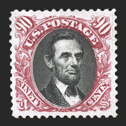 132, 90c Carmine and black re-issue, well centered and margined although reperforated at right, bright and fresh, full o.g., lightly hinged, extremely fine appearance clear
1994 and 2004 PF certificates, as well as a 2010 PSE certificate.