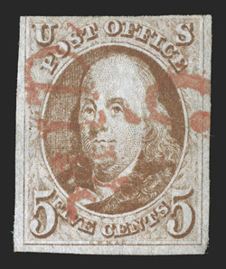 1, 5c Red brown, three large margins, close at top, bright color and a fine impression, cancelled by a scarce bright red Paid 5 postmark, nearly very fine 2009 PSE
certificate.