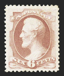 186, 6c Pink, exceedingly well centered within large margins, warm rich color, o.g., relatively lightly hinged, light surface scuffs, extremely fine appearance clear 2002 PF
certificate and a 2009 PF certificate.