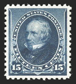227, 15c Indigo, a marvelously choice mint example, being not only remarkably well centered and margined, but it also possesses intense prooflike color and impression, full
intact perforations all around, immaculate o.g., n.h., extremely fine a