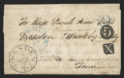 Nashville, Te.Jan 19 blue c.d.s. on 1847 folded letter, originally posted to Dresden in Weakly Co. Tennessee with 5 in fancy scalloped circle rate marking in blue, at Dresden it
was forwarded to Paris, Tennessee in Henry Co. receiving a blac