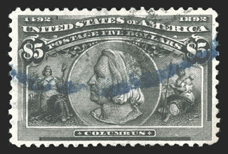 245, $5.00 Columbian, used, uncommonly well centered and margined, strong color, light black cancel as well as an unusual thick blue cancel, choice very fine 2007 PF
certificate.