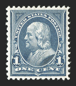 247, 1c Blue, gem mint single that is wonderfully well centered and margined, lovely rich color and a crisp detailed impression, pristine o.g., n.h., extremely fine 2010 PSE
certificate (XF-Superb 95 SMQ $2,000.00).
