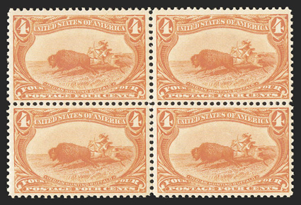 287, 4c Trans-Mississippi, an especially choice mint block of four, incredibly fresh, excellent centering, vivid rich color, pristine o.g., n.h., very fine-extremely
fine.